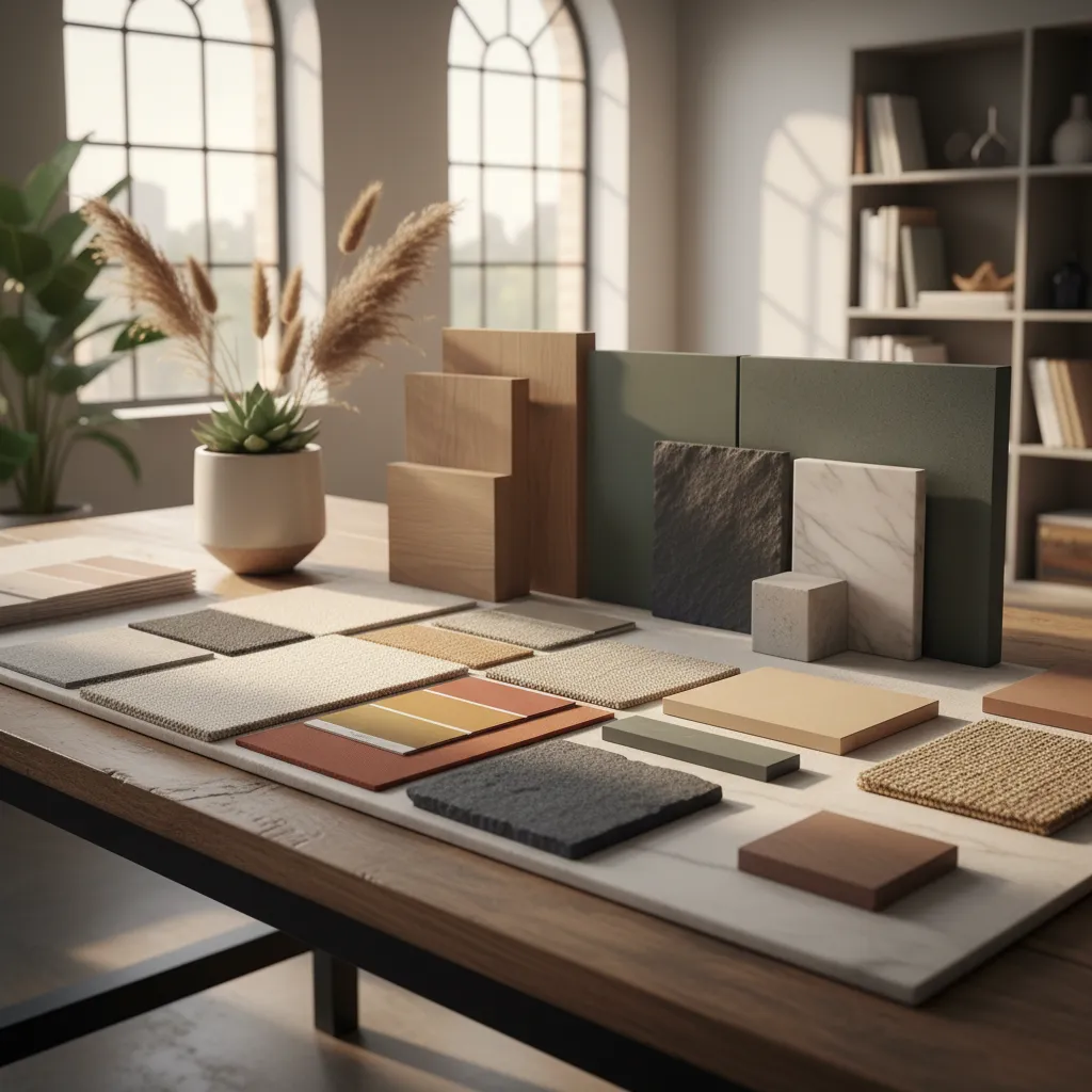 Interior design material samples including wood blocks fabric swatches stone tiles and paint color cards