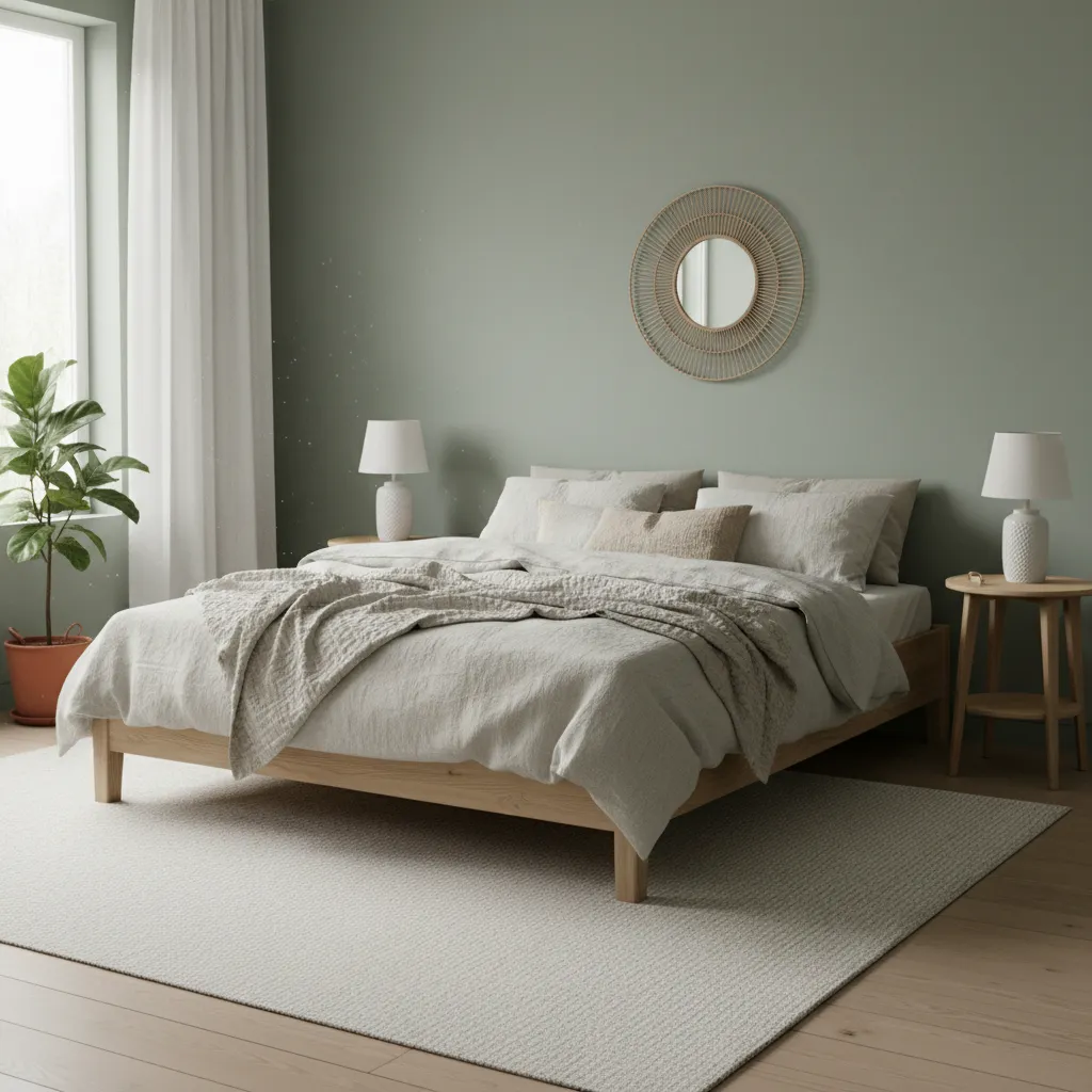 Dormitorio con paleta verde salvia y madera clara