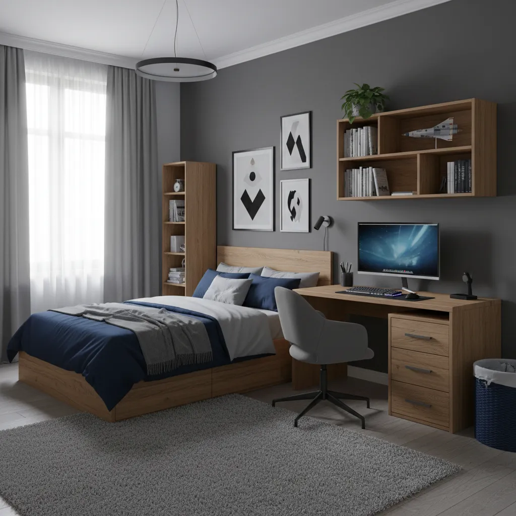 Dormitorio juvenil con paleta gris azul y madera