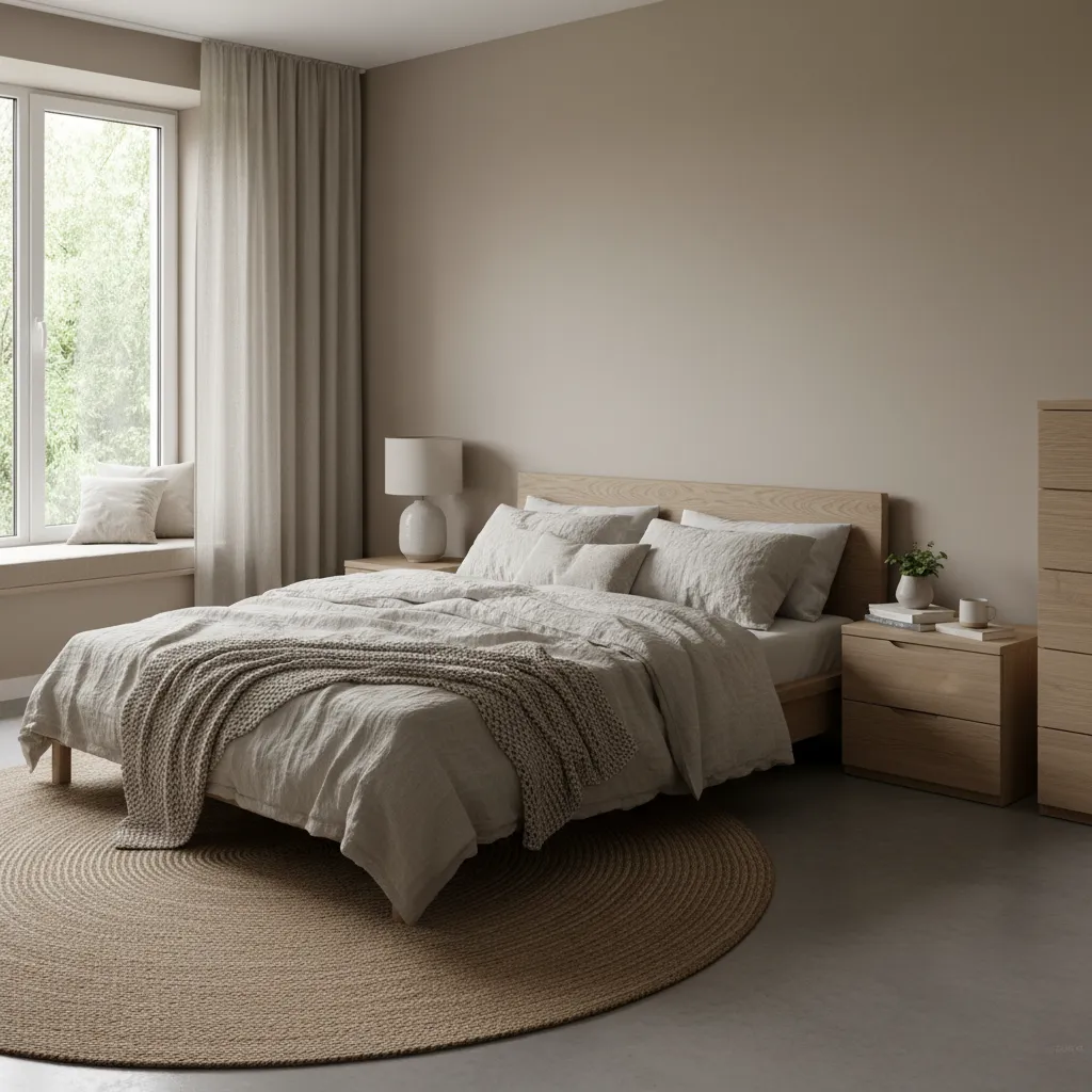 Dormitorio con paleta de colores neutros y materiales naturales