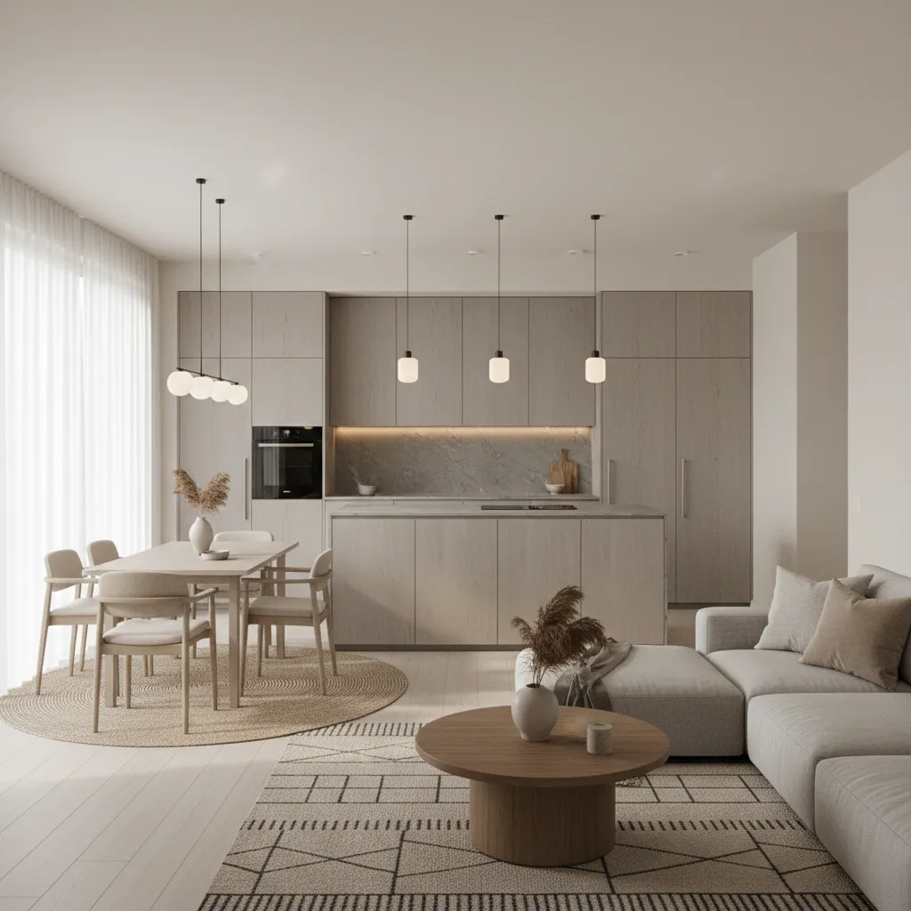 Espacio abierto con paleta neutra en cocina comedor y living