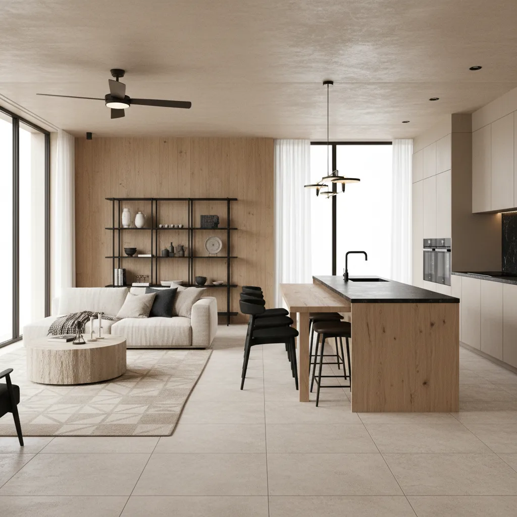 Living room with wood wall beige sofa black shelving unit and kitchen island with stools
