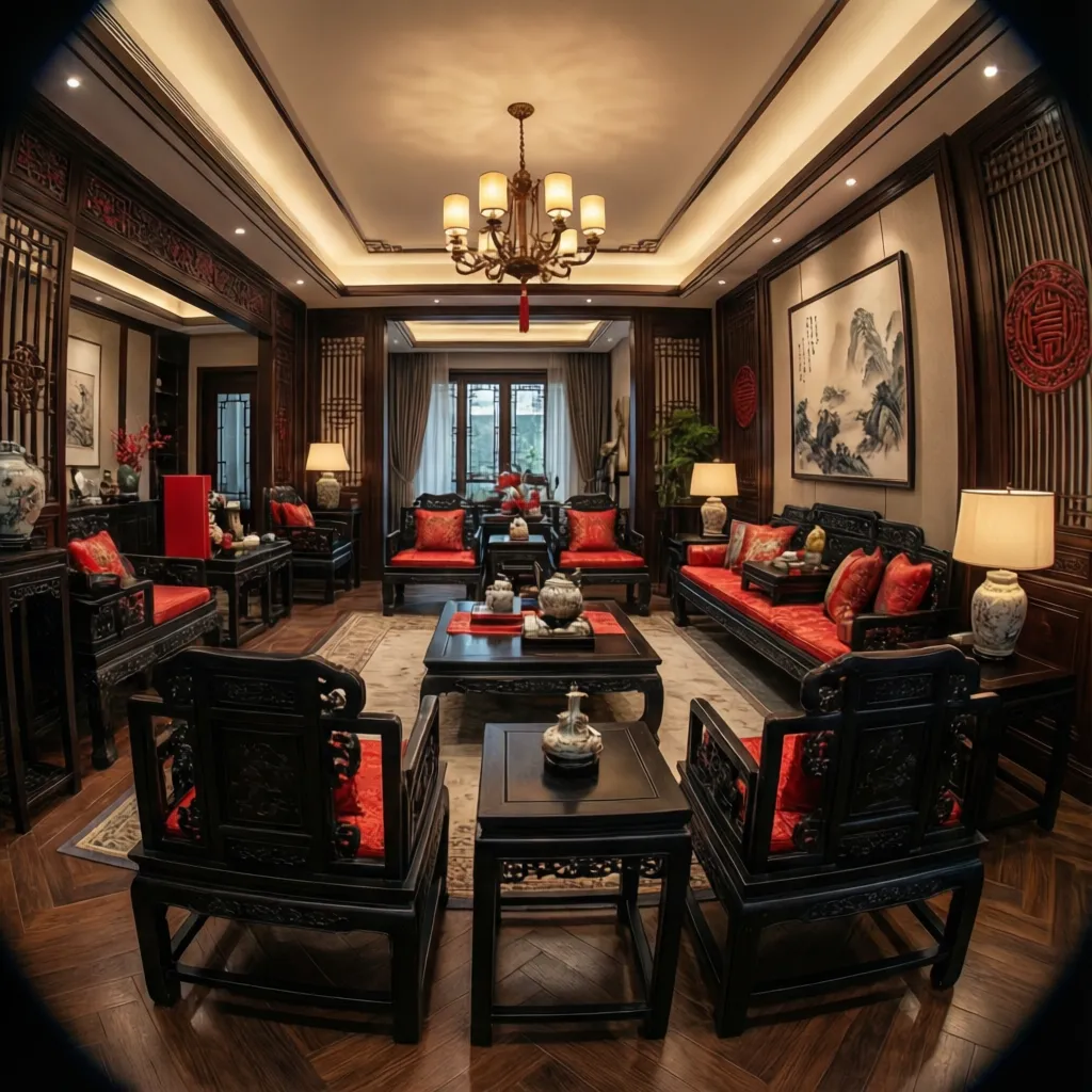 Interior con paleta de colores rojo, negro y madera inspirada en diseño chino