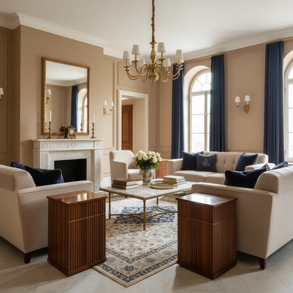 Traditional living room with beige sofas, blue pillows, white fireplace, gold mirror, and brass ceiling light