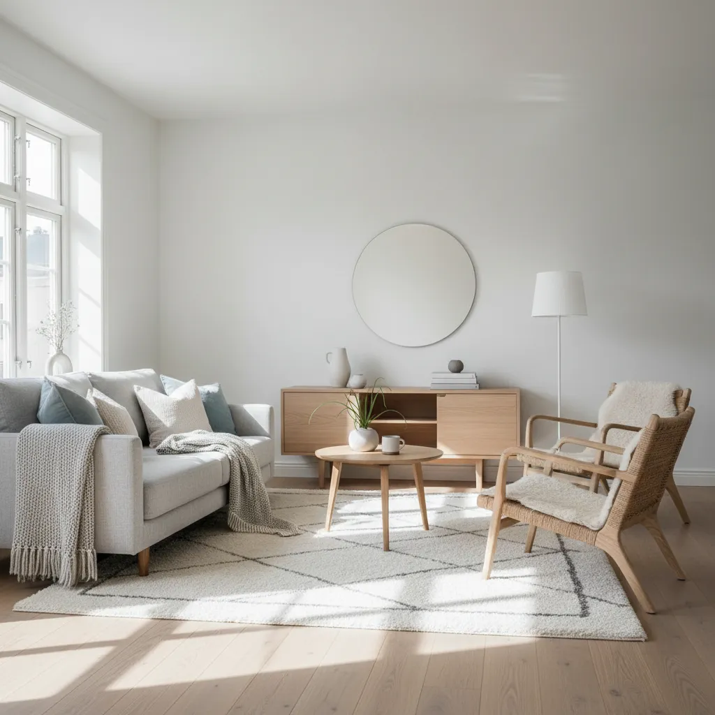 Bright living room featuring grey sofa round coffee table wooden chairs cabinet and large mirror