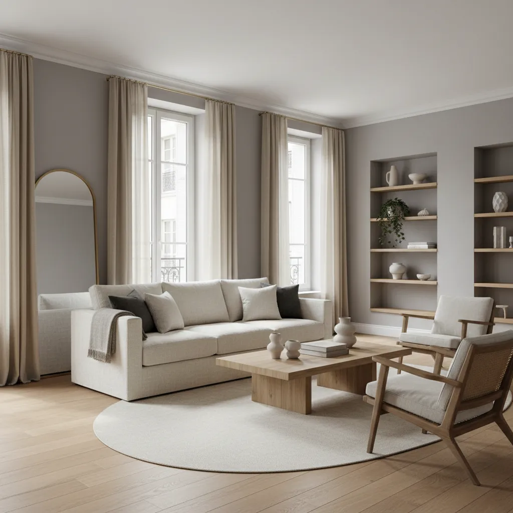 Modern neutral living room featuring beige sofa, wooden chairs, round rug, and wooden wall shelves