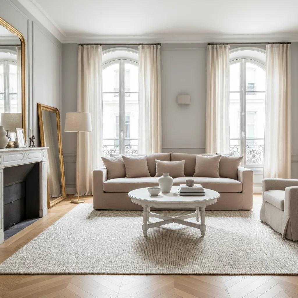Bright living room with beige sofa round coffee table white fireplace windows and wood floor