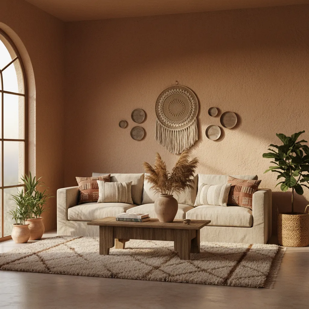 Interior con paleta de colores tierra y materiales naturales