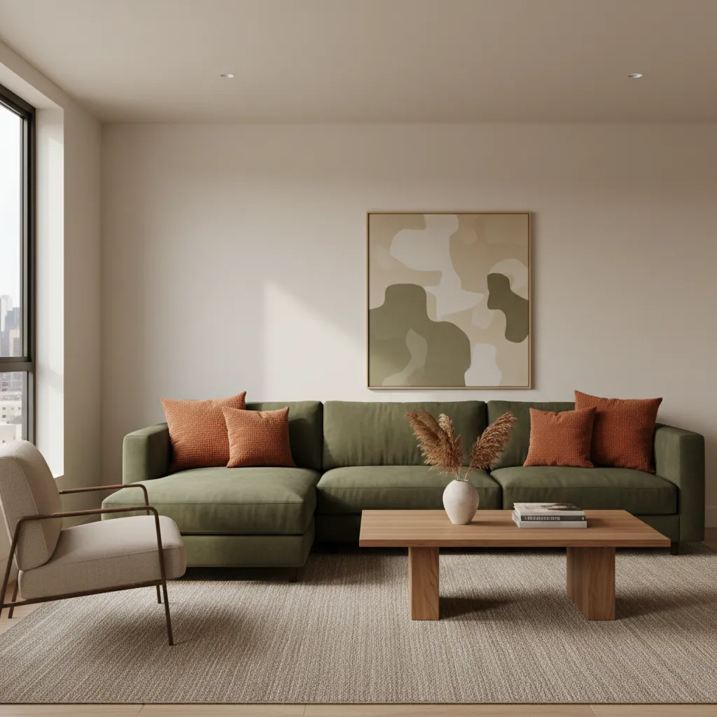 Modern living room featuring a green sofa with orange pillows and a wooden coffee table