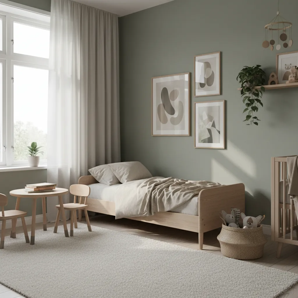 Habitación infantil con paleta de colores suaves y decoración minimalista