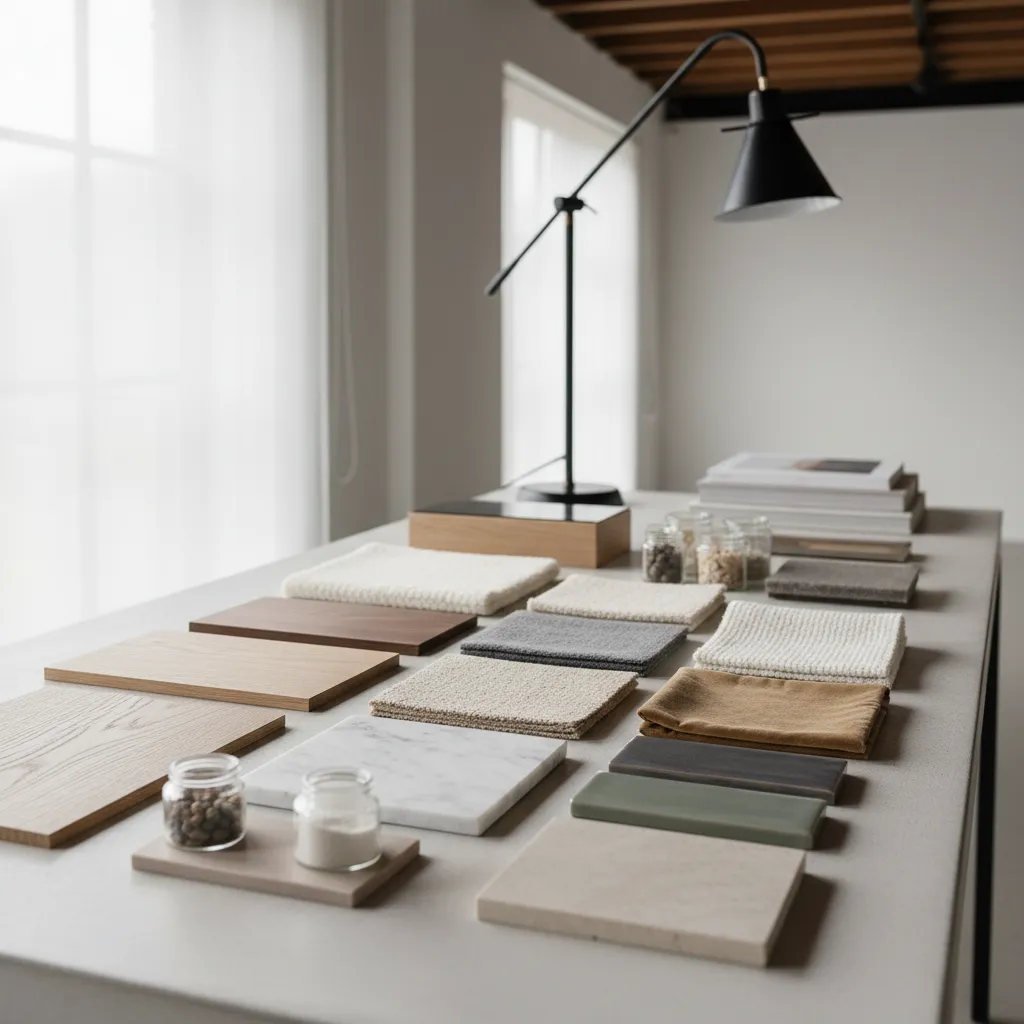 Interior design material samples including wood marble fabric and tiles placed on a white table