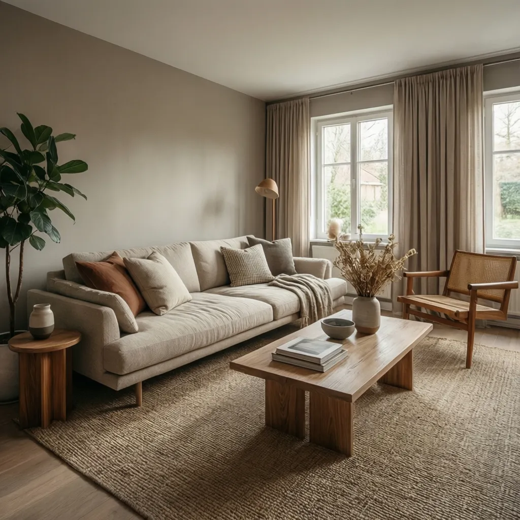 Interior con paleta de colores equilibrada siguiendo la regla 60-30-10