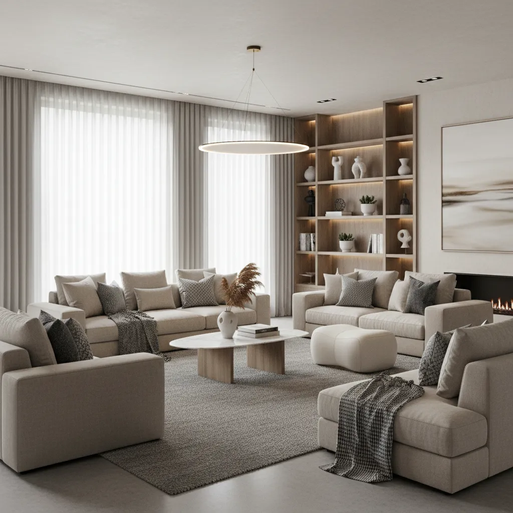Interior moderno con paleta de colores neutros y acentos decorativos