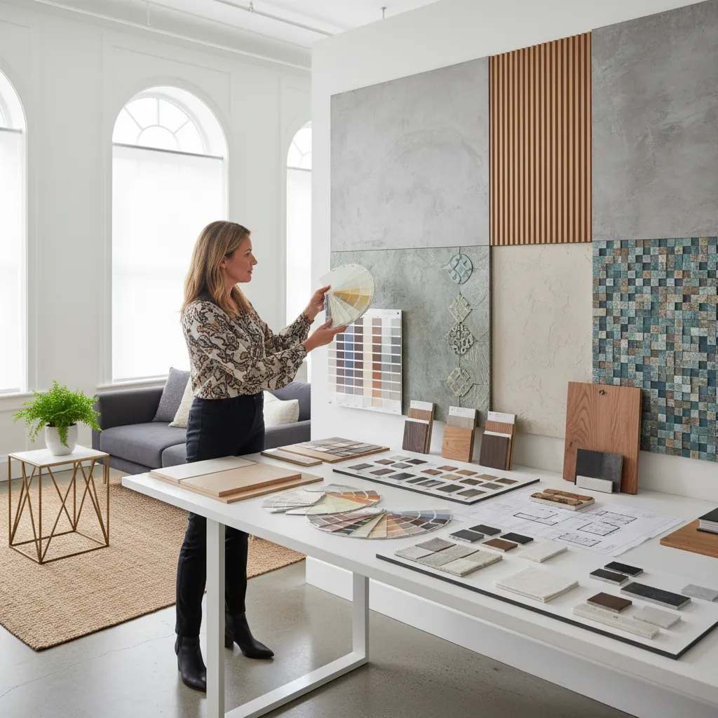Interior designer selecting wall colors and materials using a color fan at a white table