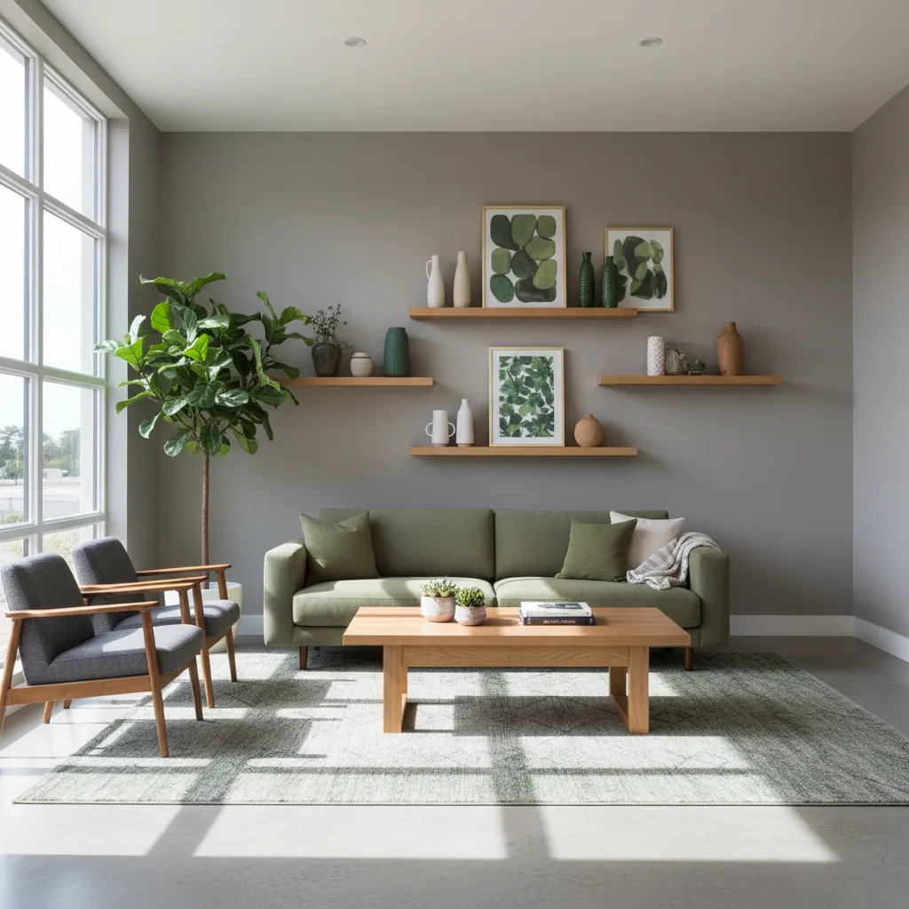 Interior con combinación equilibrada de verde, madera y tonos neutros