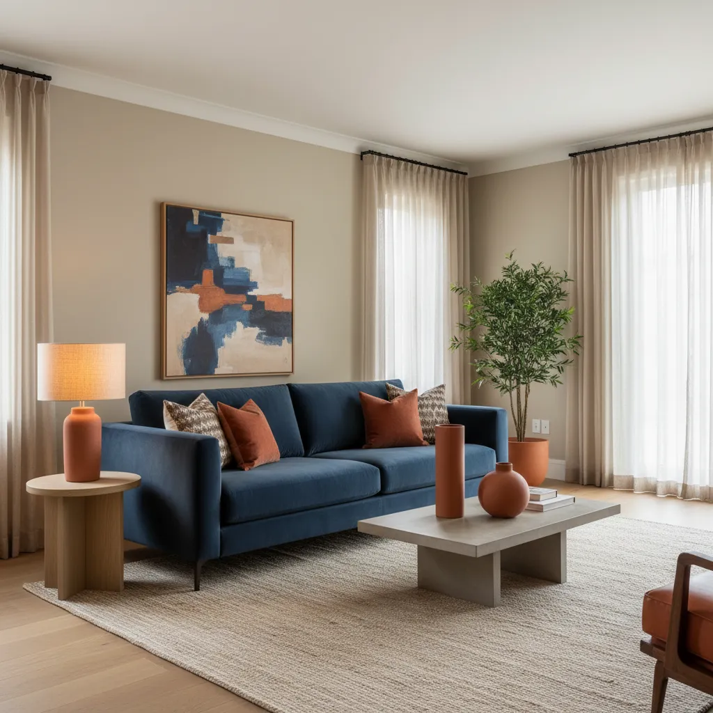 Salón con paleta beige cálida, sofá azul profundo y decoración moderna