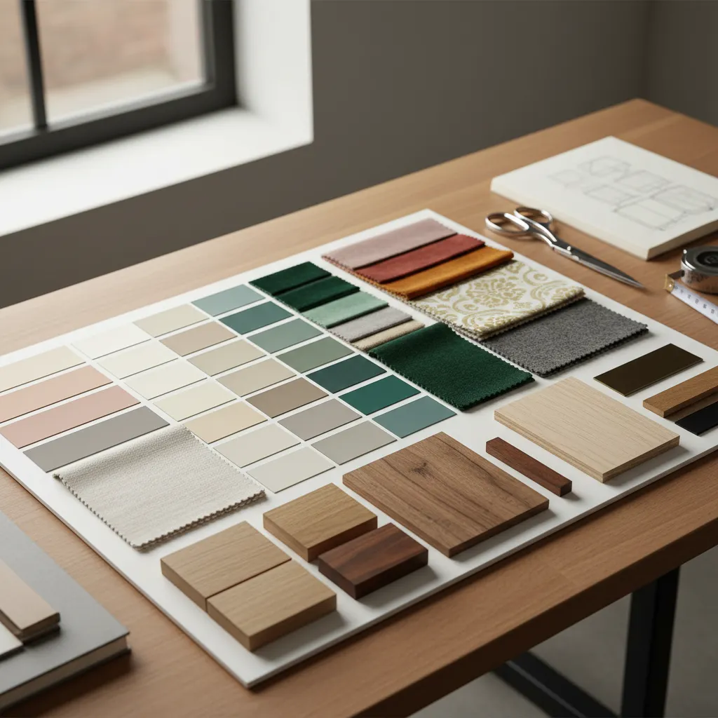 Paleta de colores utilizada en diseño de interiores con muestras de pintura y materiales