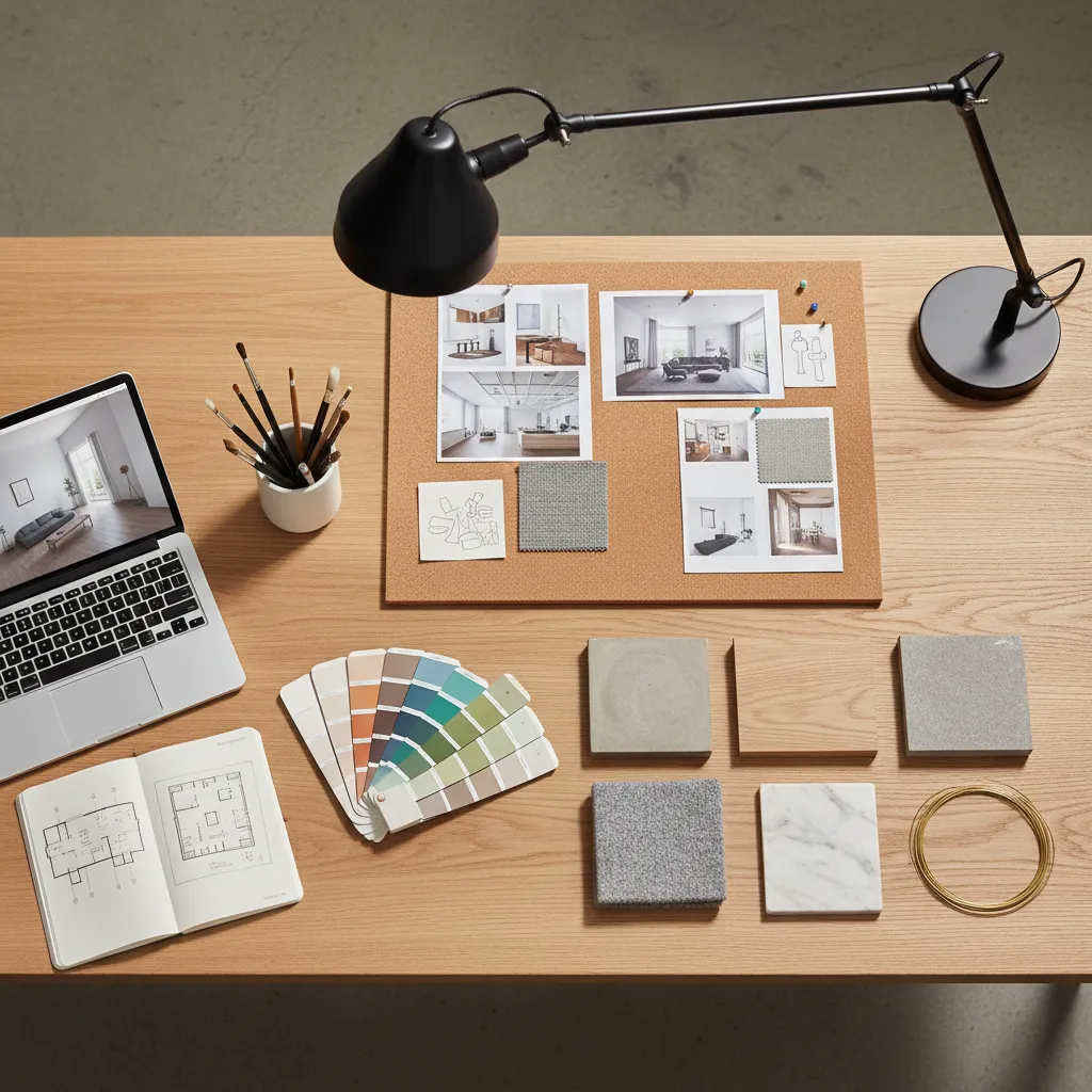 Workspace with floor plan notebook and color samples for an interior design room layout project
