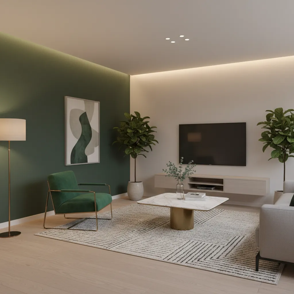 Living room featuring green wall, armchair, coffee table, rug, television, and two large potted plants