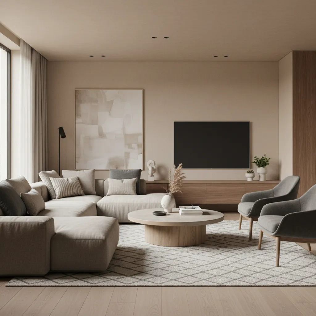 salón con paleta de colores neutros y acentos decorativos