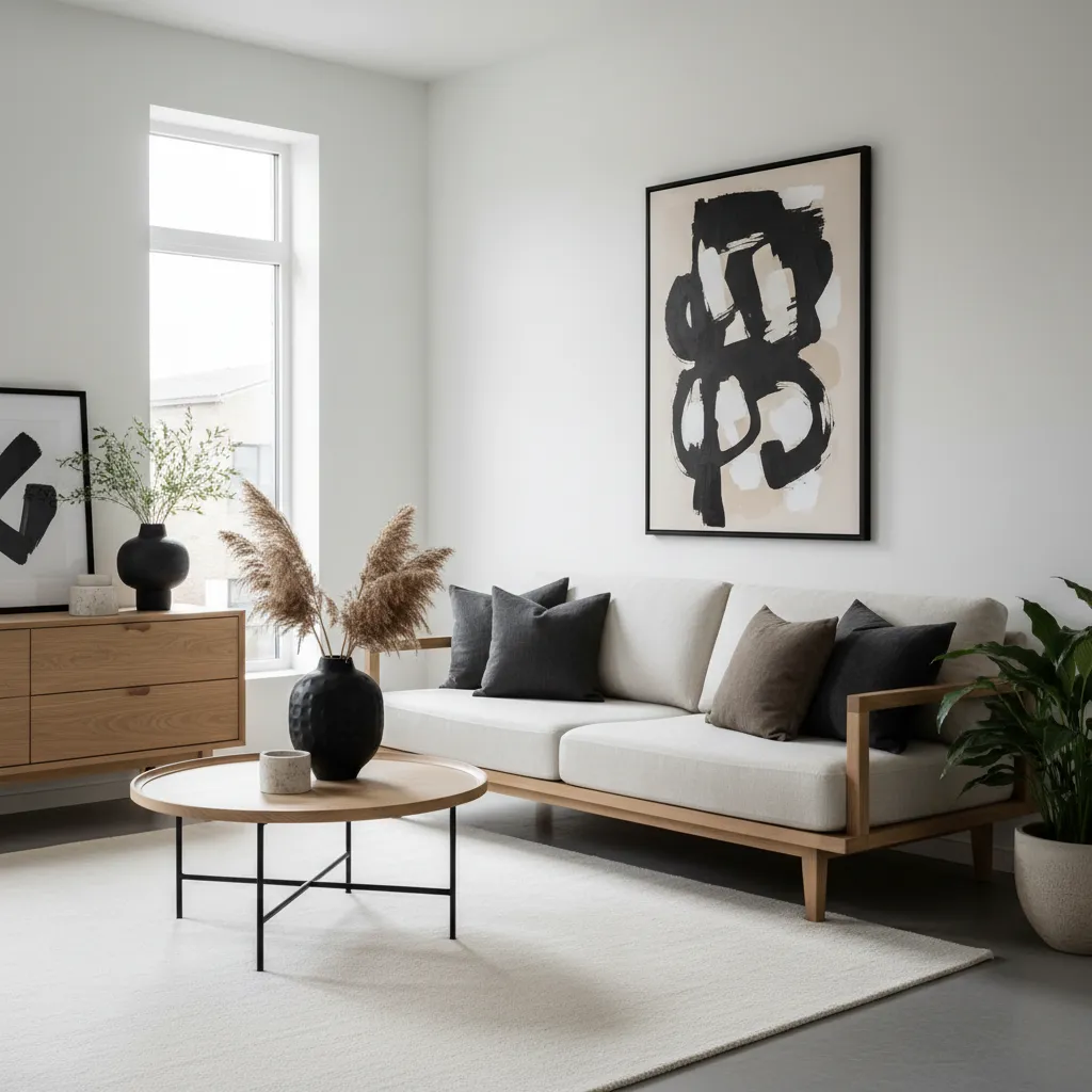 Interior con combinación de blanco, madera y acentos oscuros