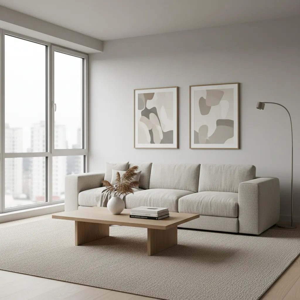 Salón moderno con paleta de colores neutros y decoración minimalista