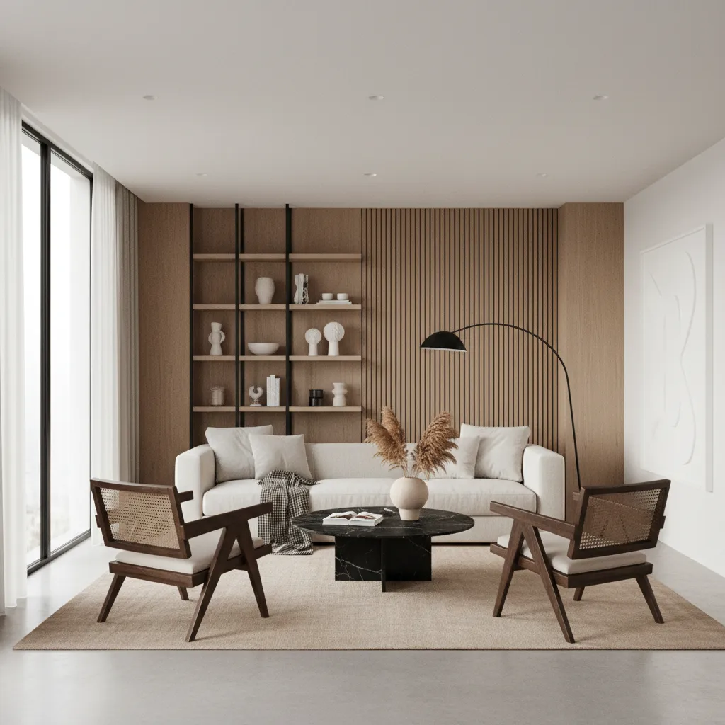 Interior moderno con paleta de colores neutros y materiales naturales
