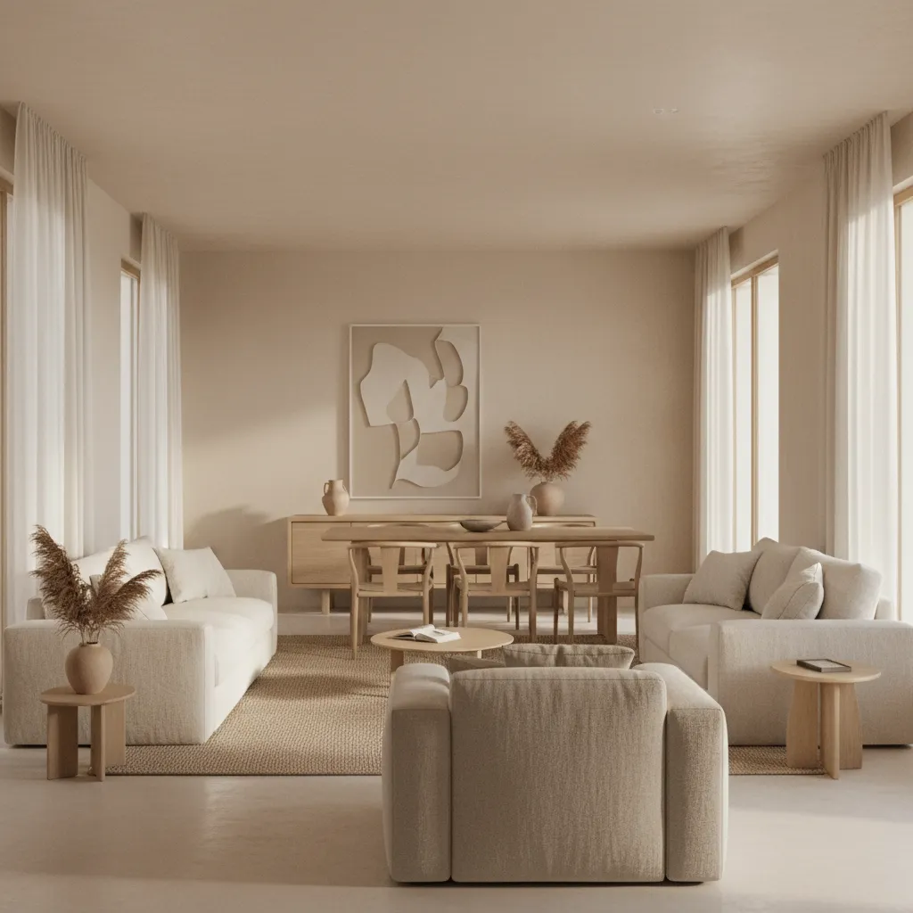 Interior con paleta de colores neutros y materiales naturales