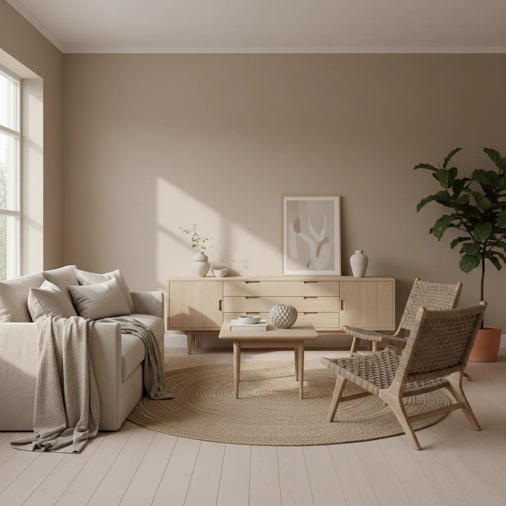 interior con paleta de colores neutros y materiales naturales