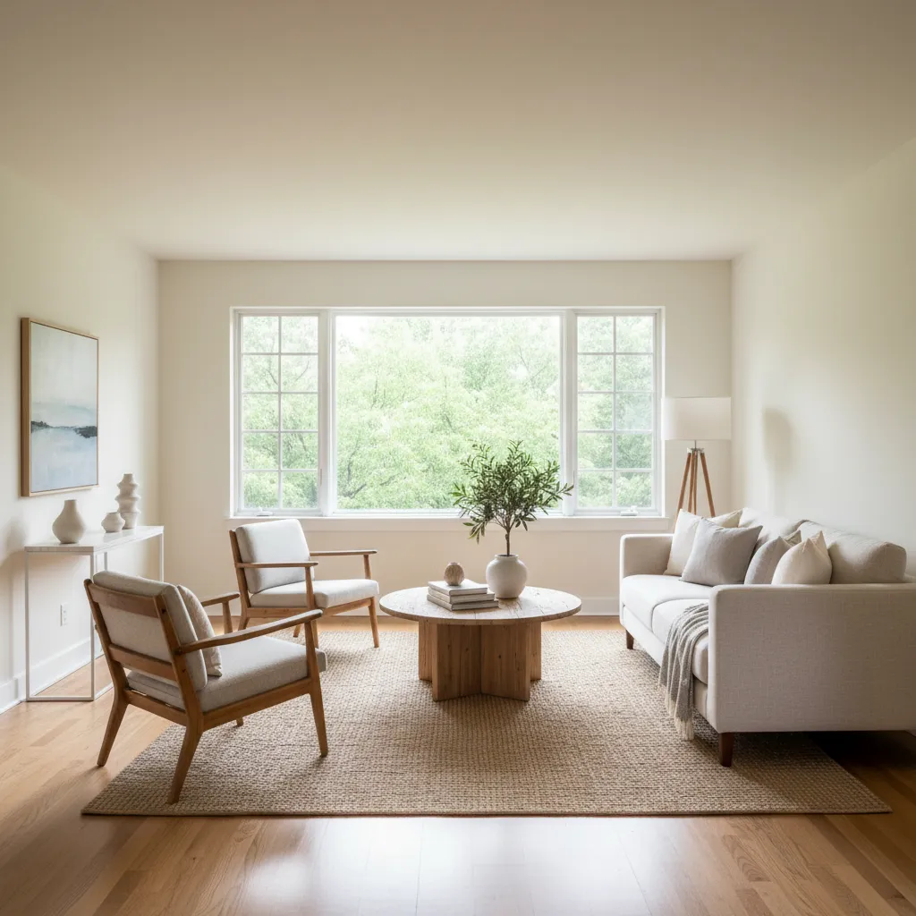 salón luminoso con paredes en blanco cálido y muebles neutros