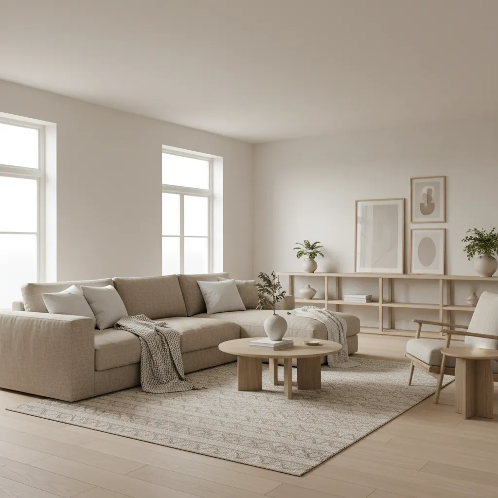 Interior con paleta de colores neutros blanco beige y madera