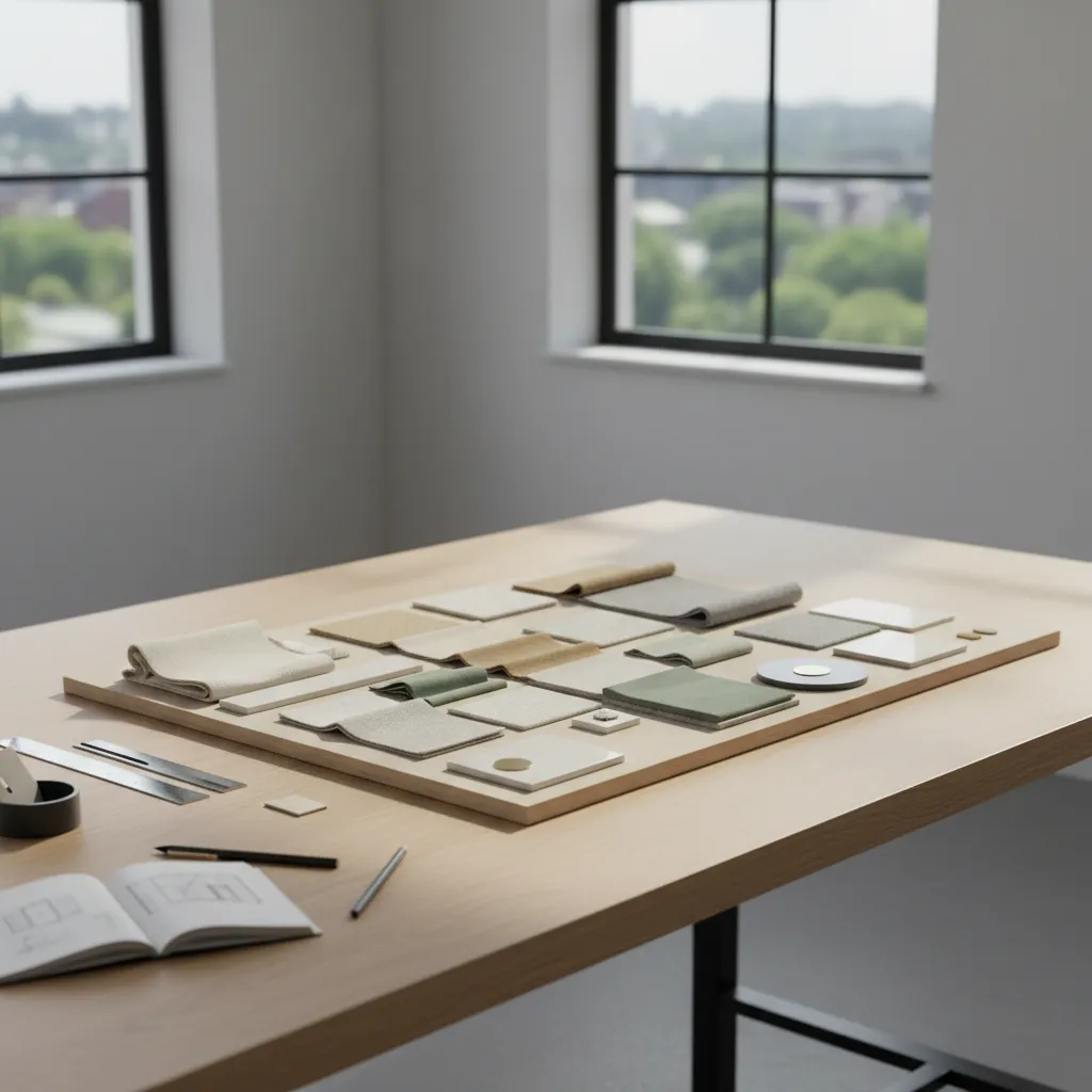 Material samples and fabric pieces displayed on a wooden table for an interior design project