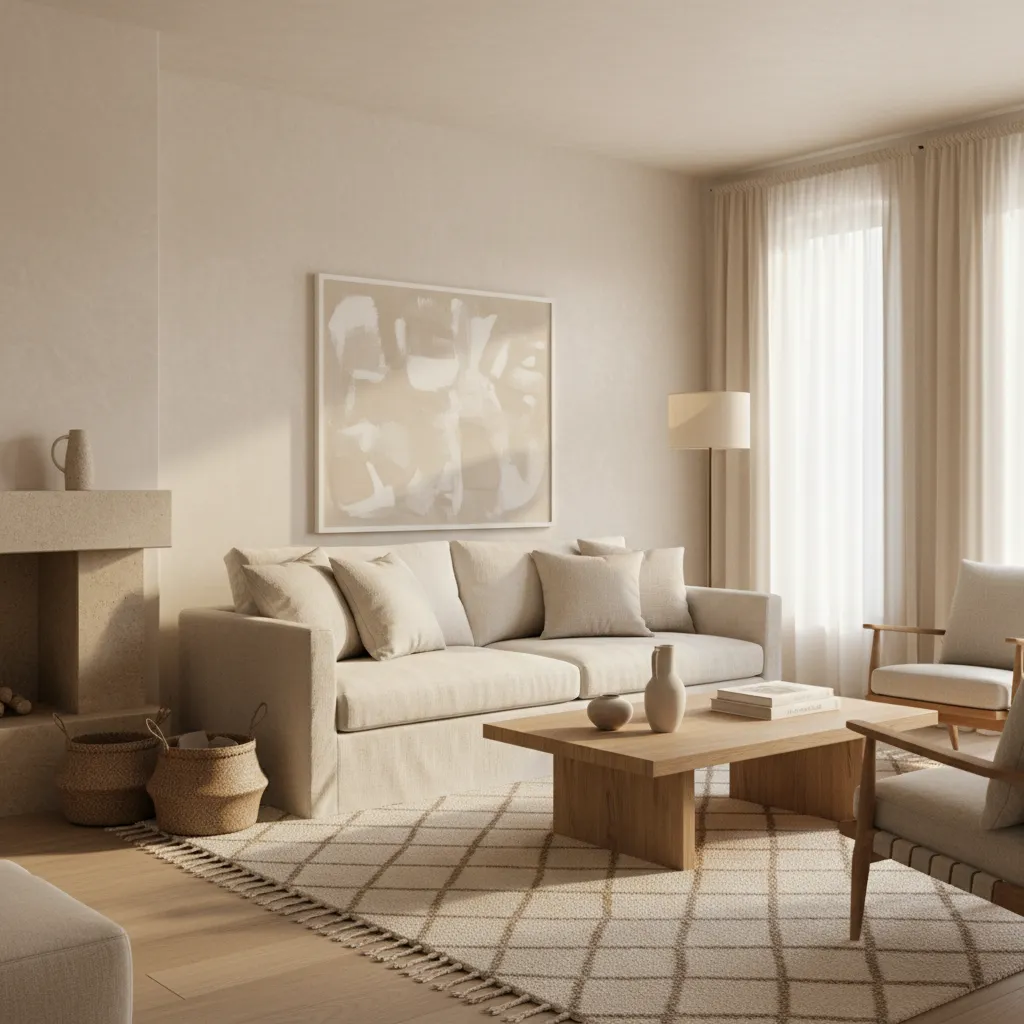 Neutral living room with beige sofa, wooden coffee table, stone fireplace, wall painting and curtains