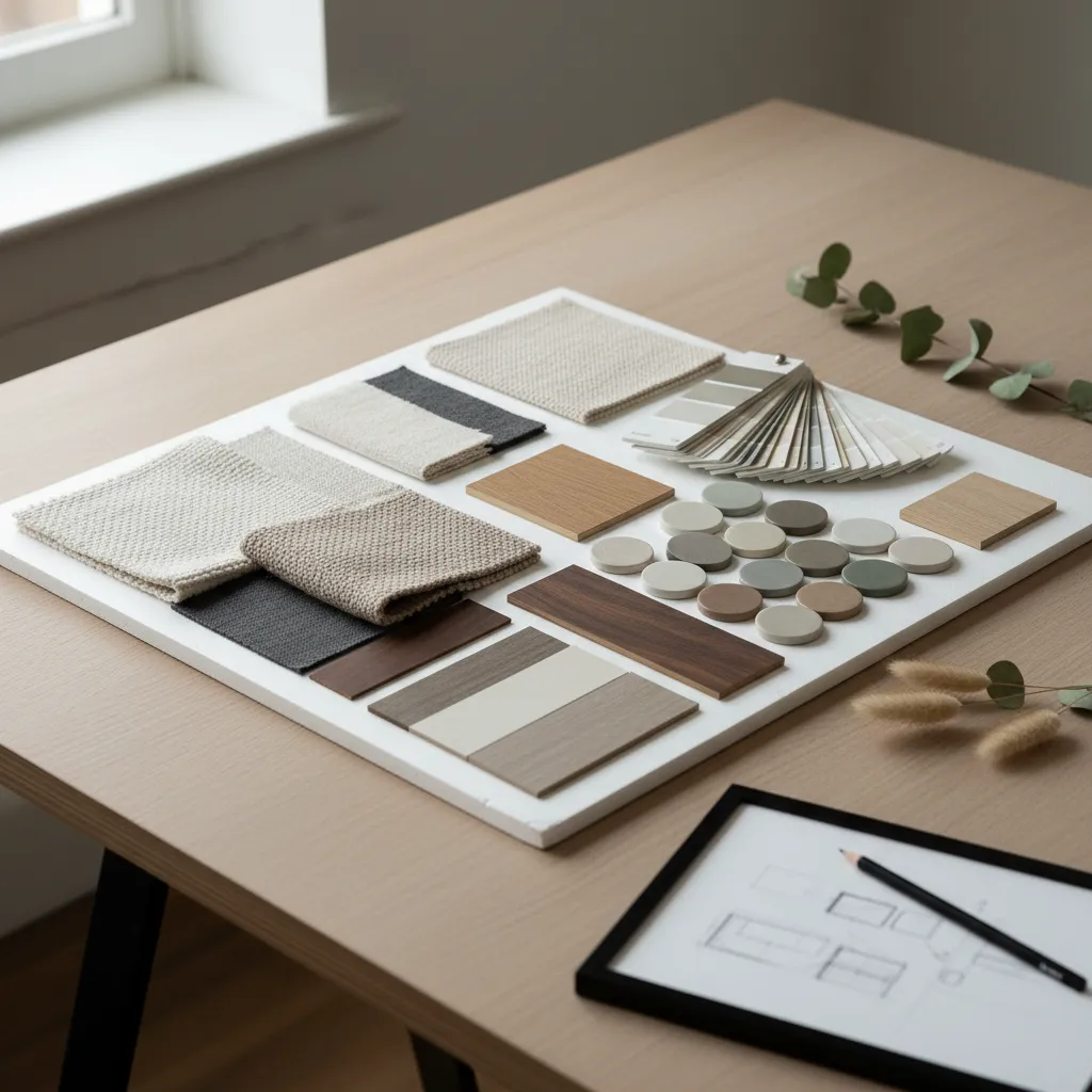 Paleta de colores para decoración de interiores con muestras de materiales