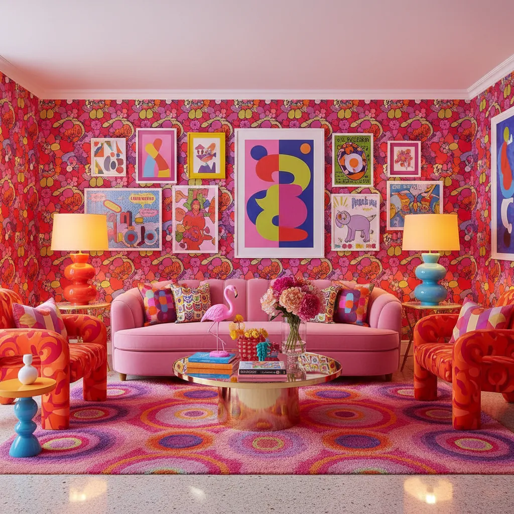 Interior con combinación de colores rosa, naranja y rojo en estilo kitsch.