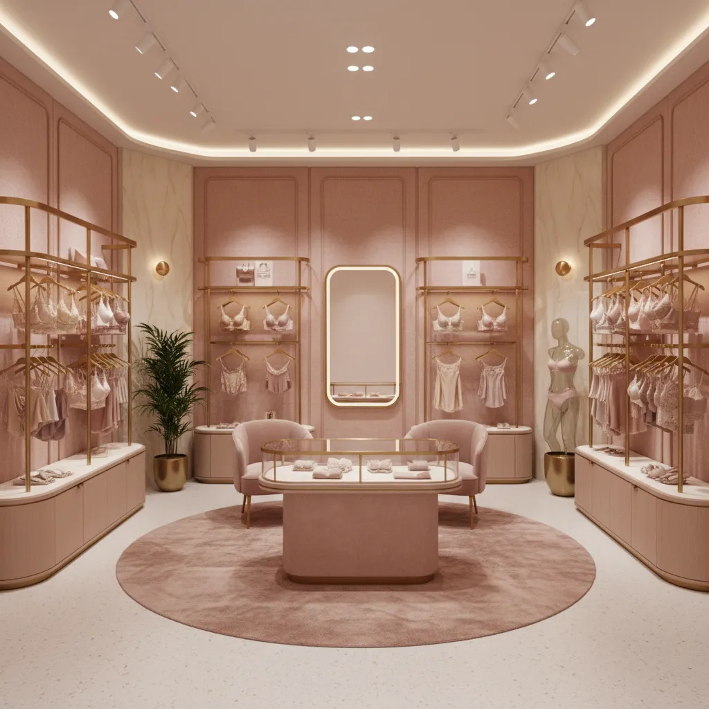Interior de tienda de lencería con paleta de colores rosa empolvado y beige