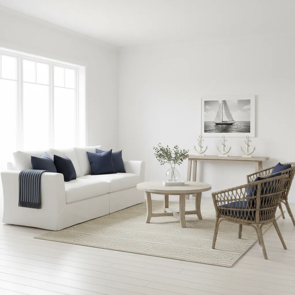 Interior con paleta blanco y azul típica del estilo marinero