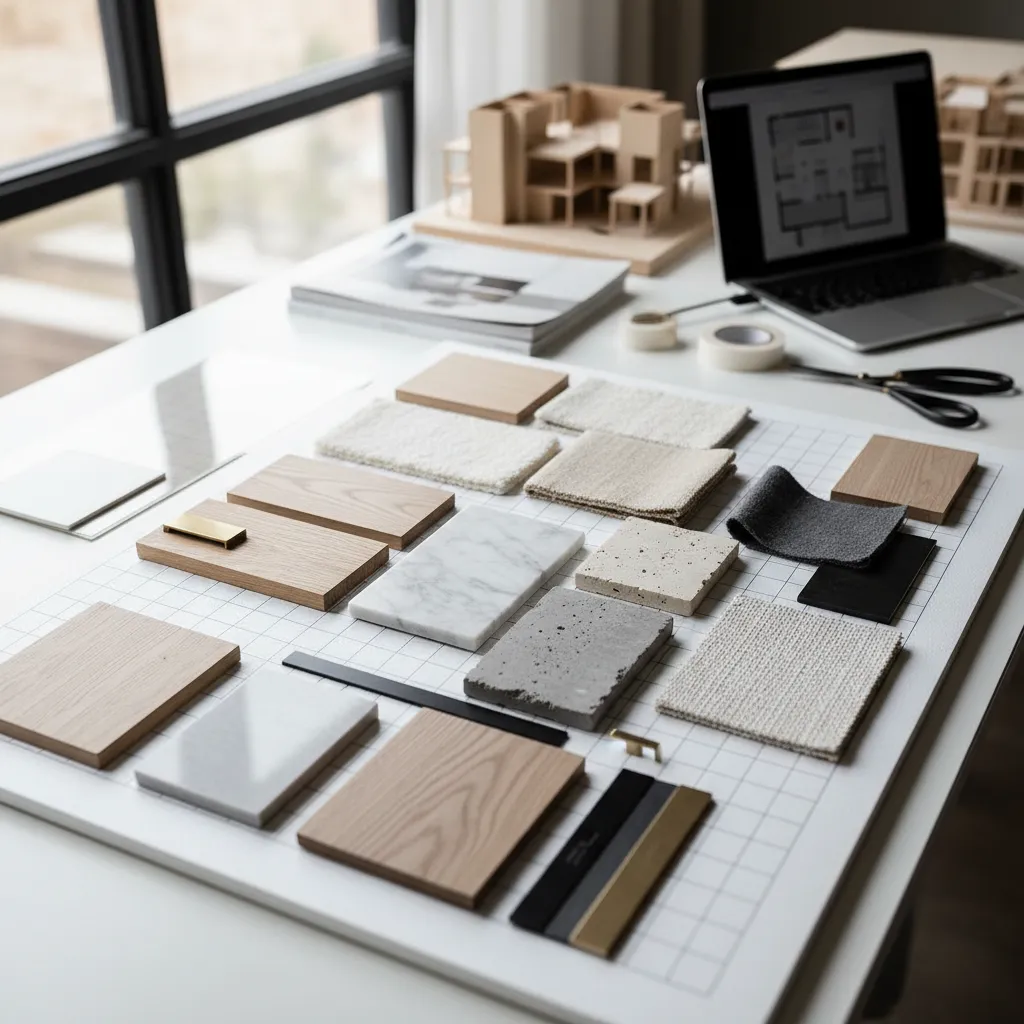 Selection of wood marble and fabric material samples on a white desk with a laptop