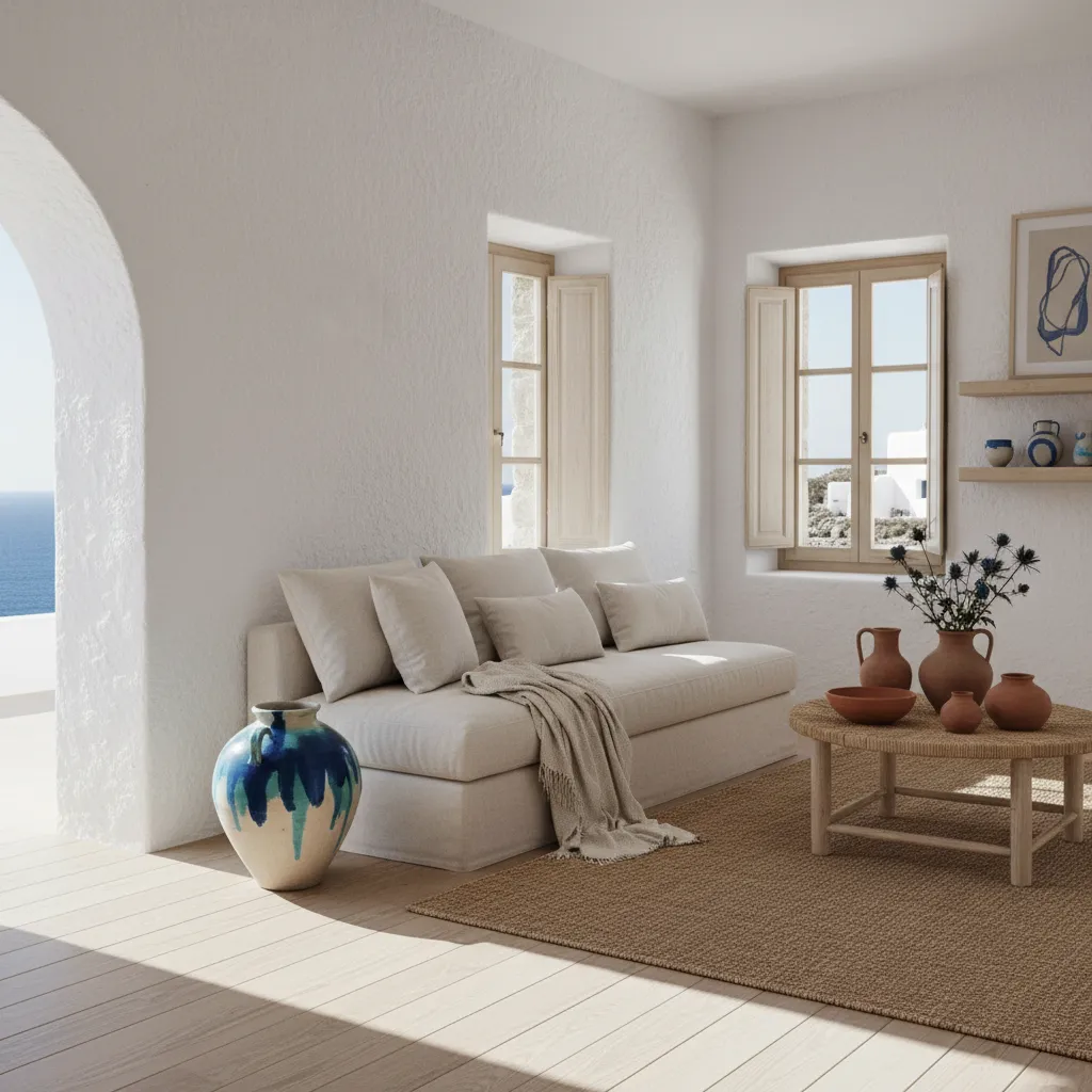 Interior con paleta mediterránea en blanco, beige y azul suave