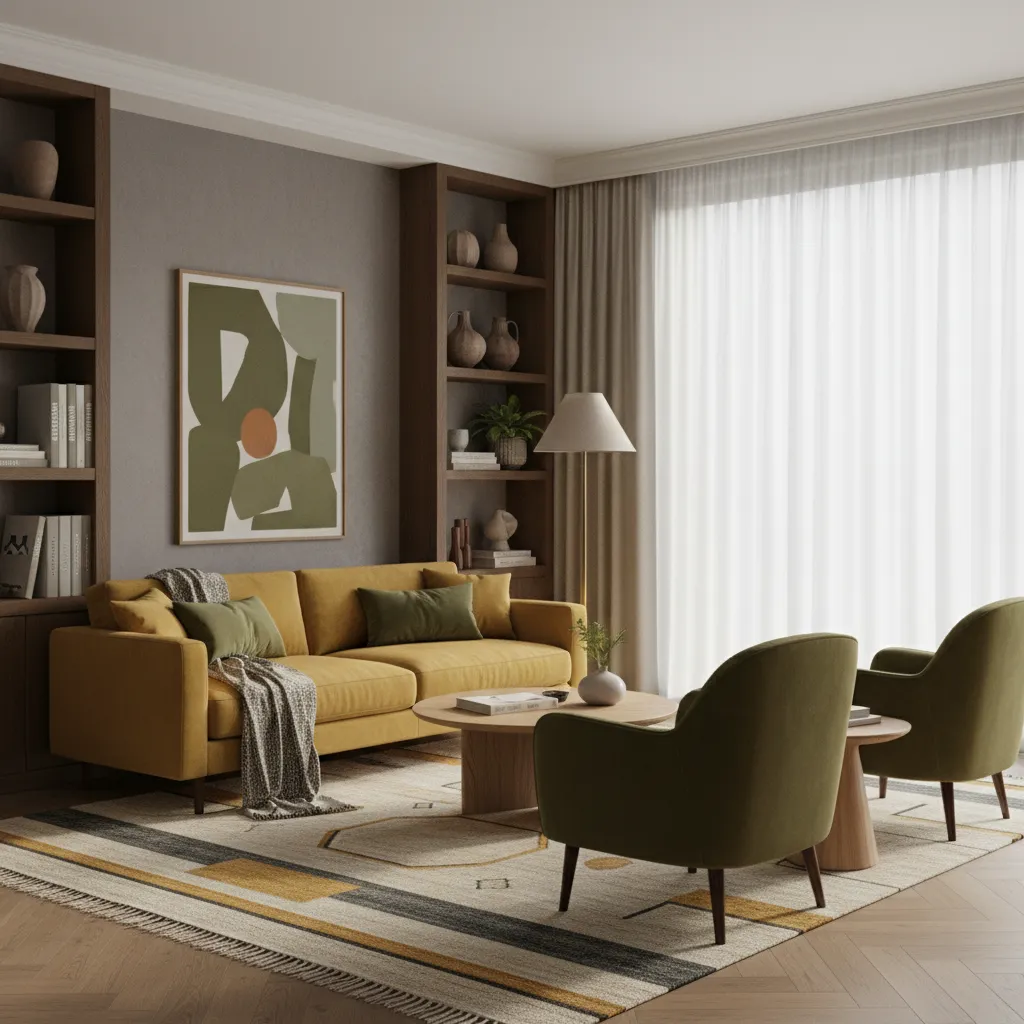 Combinación de colores con mostaza, gris y madera