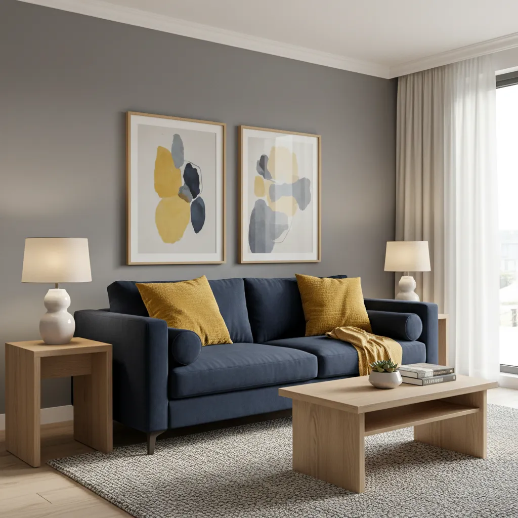 Combinación de colores mostaza con gris, azul marino y madera