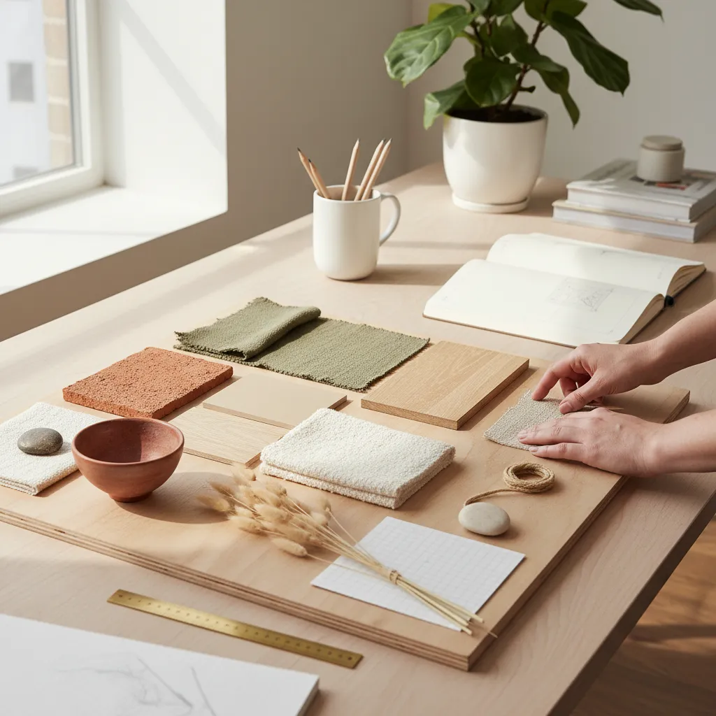 Paleta de colores naturales para interiores con terracota, beige y verde