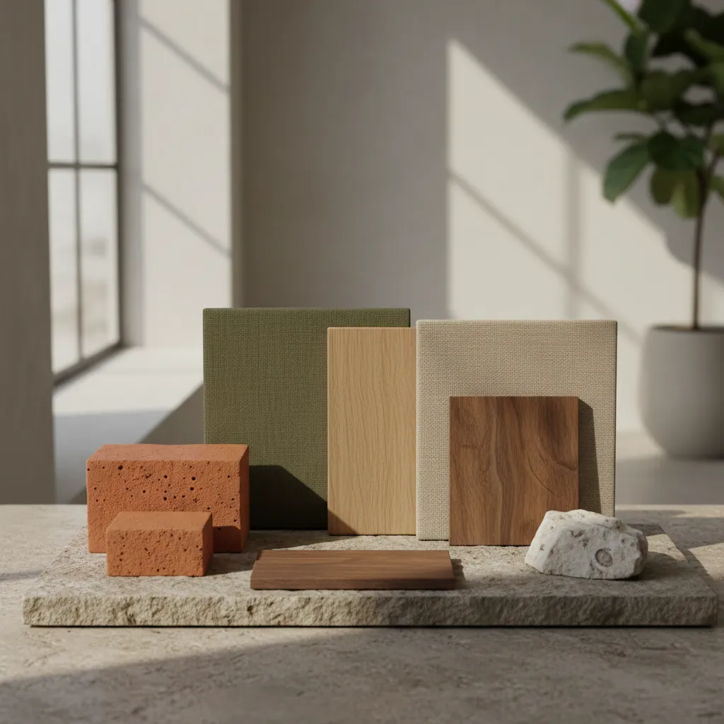 Paleta de colores naturales con tonos arena, verde oliva y terracota