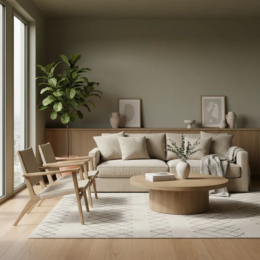 Combinación de colores naturales en un salón con verde oliva y madera