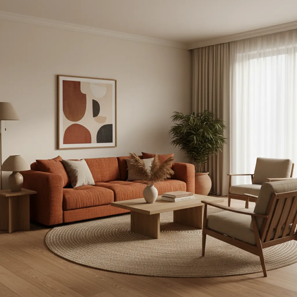 Sala moderna con paleta natural de beige, terracota y madera