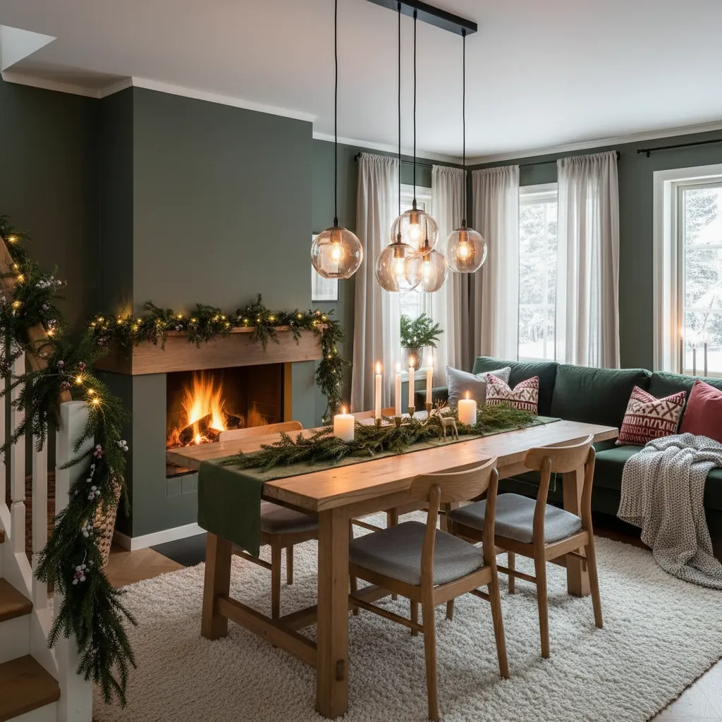 Decoración navideña interior con paleta verde, madera y luces cálidas