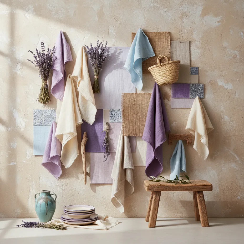 Paleta de colores provenzales con tonos lavanda, beige y azul suave