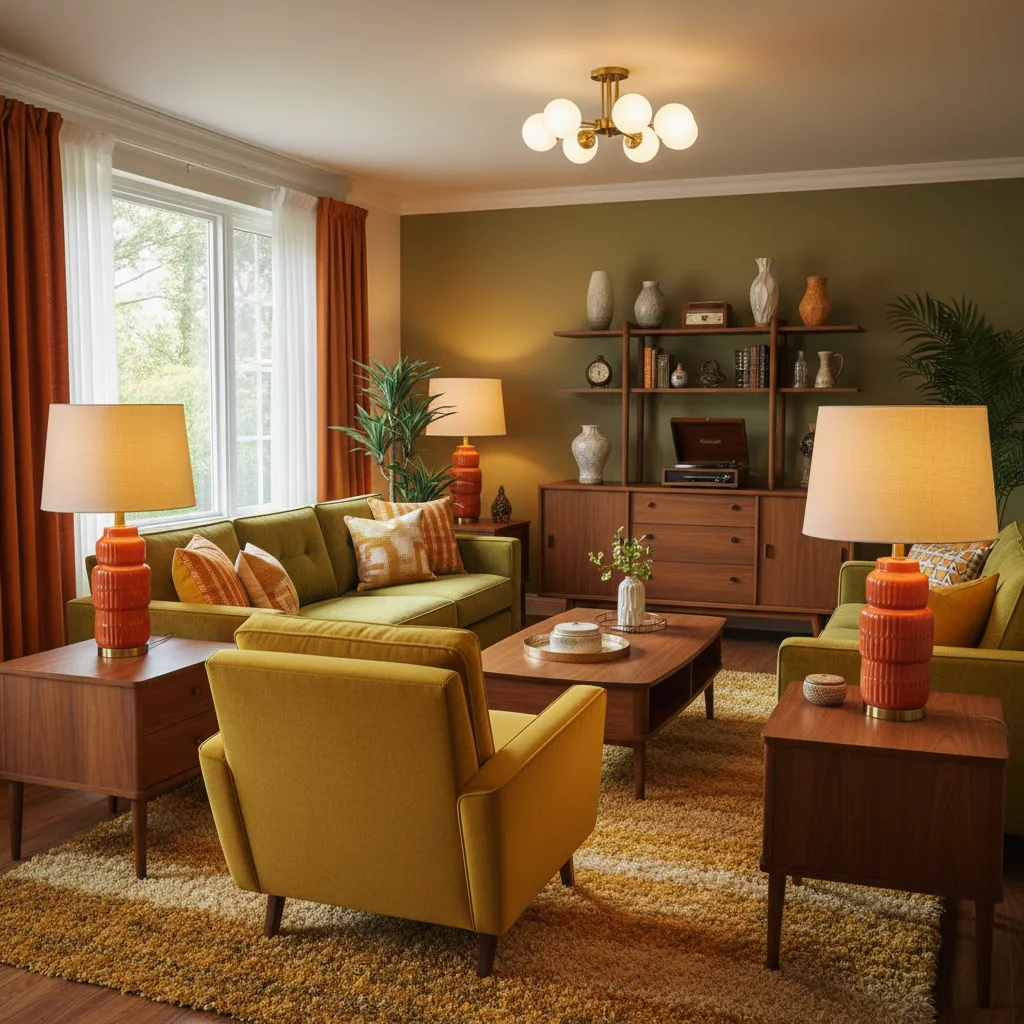 Retro living room with green sofa yellow armchair orange lamps wooden coffee table and ceiling light