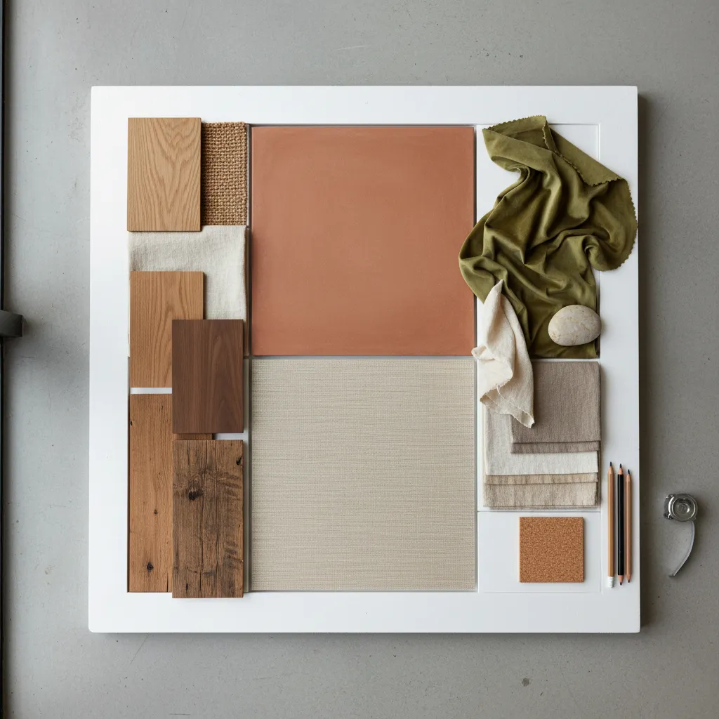 paleta de colores rústicos con terracota beige verde oliva y madera natural