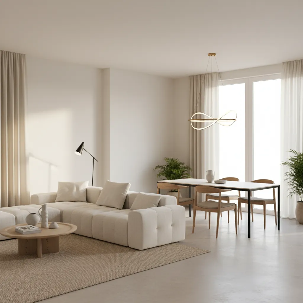 Minimalist living area with cream sofa round coffee table dining set and modern ceiling light